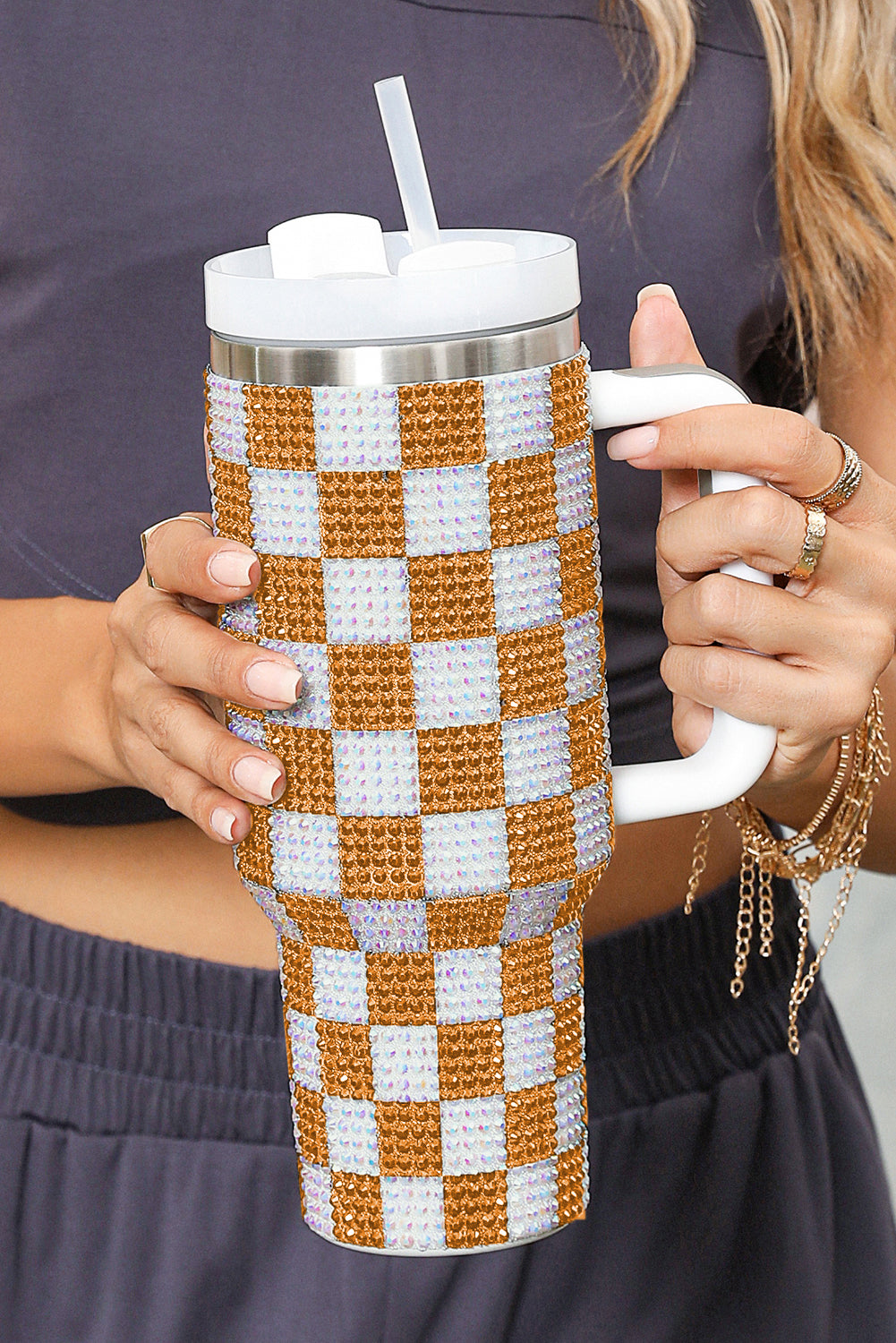 Blackish Green 40oz Rhinestone Checkered Tumbler Cup