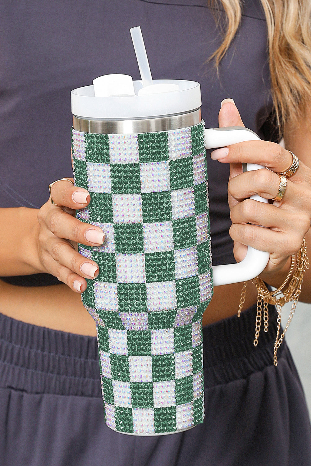 Blackish Green 40oz Rhinestone Checkered Tumbler Cup