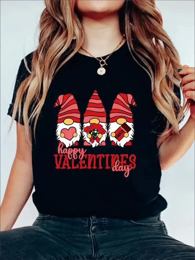 Dwarf Happy Valentines Day Print Tee, Casual Short Sleeve Crew Neck T-shirt, Women's Clothing