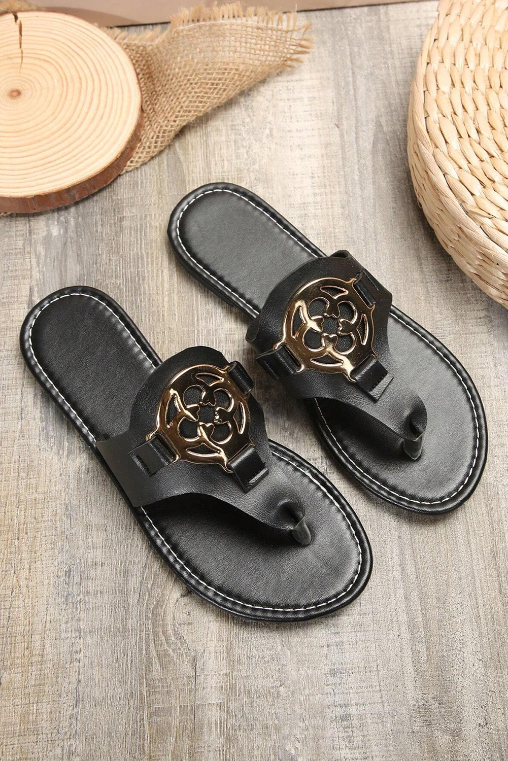 Beige Vintage Metal Decor Leather Thong Slides Shoes